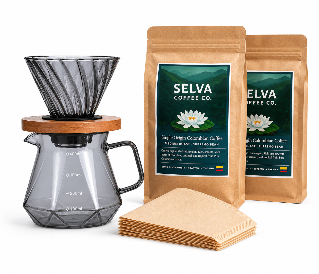 LIFESTYLE BUNDLE: v60 + Filters + 2 - 16oz Ground - Medium Roast